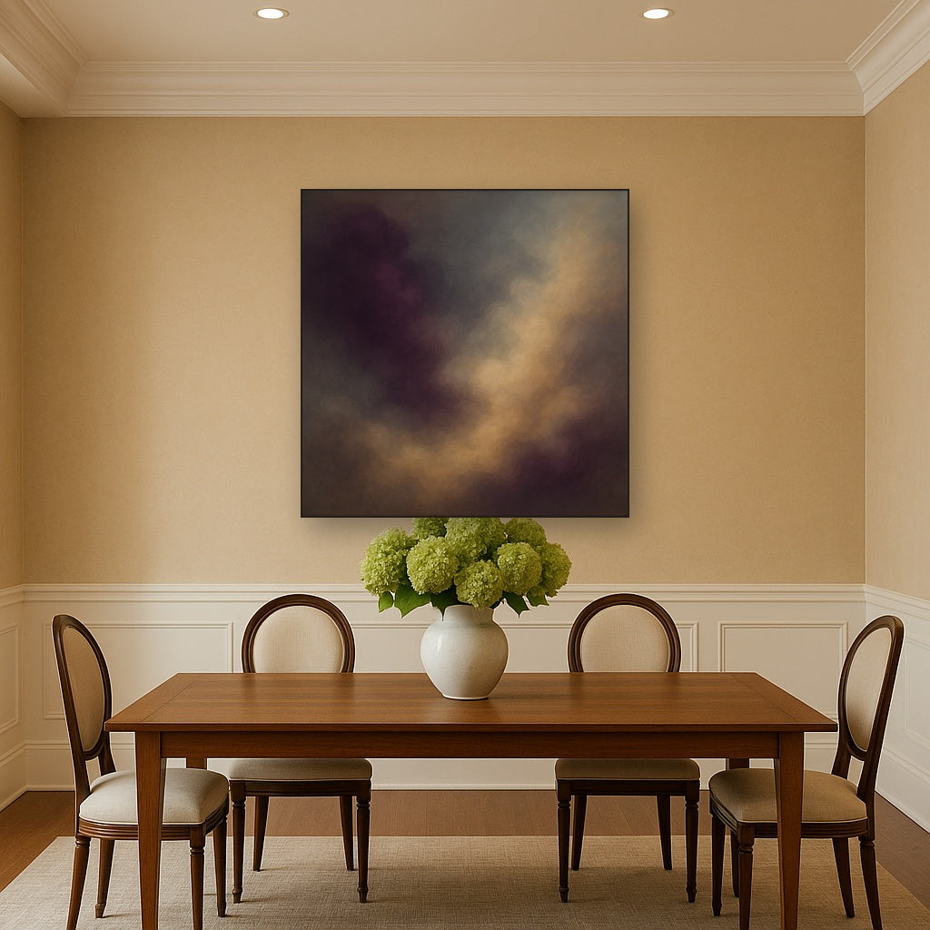 Gilded Plum & Soft Smoke Cloud Harmony No. 13 Oil Painting Staged Above Dining Room Credenza, Elegant Hand Painted Oil Art for Dining Room Walls