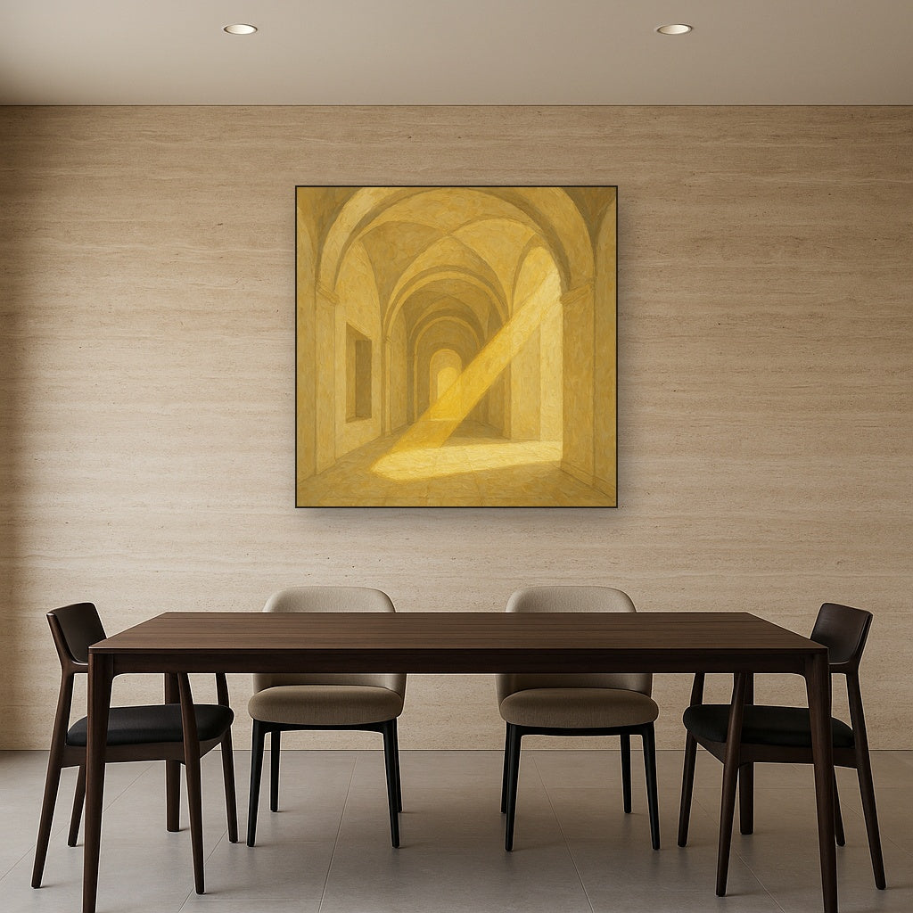 Modernist Vaulted Gallery Light Beam Oil Painting - Styled in Elegant Dining Room