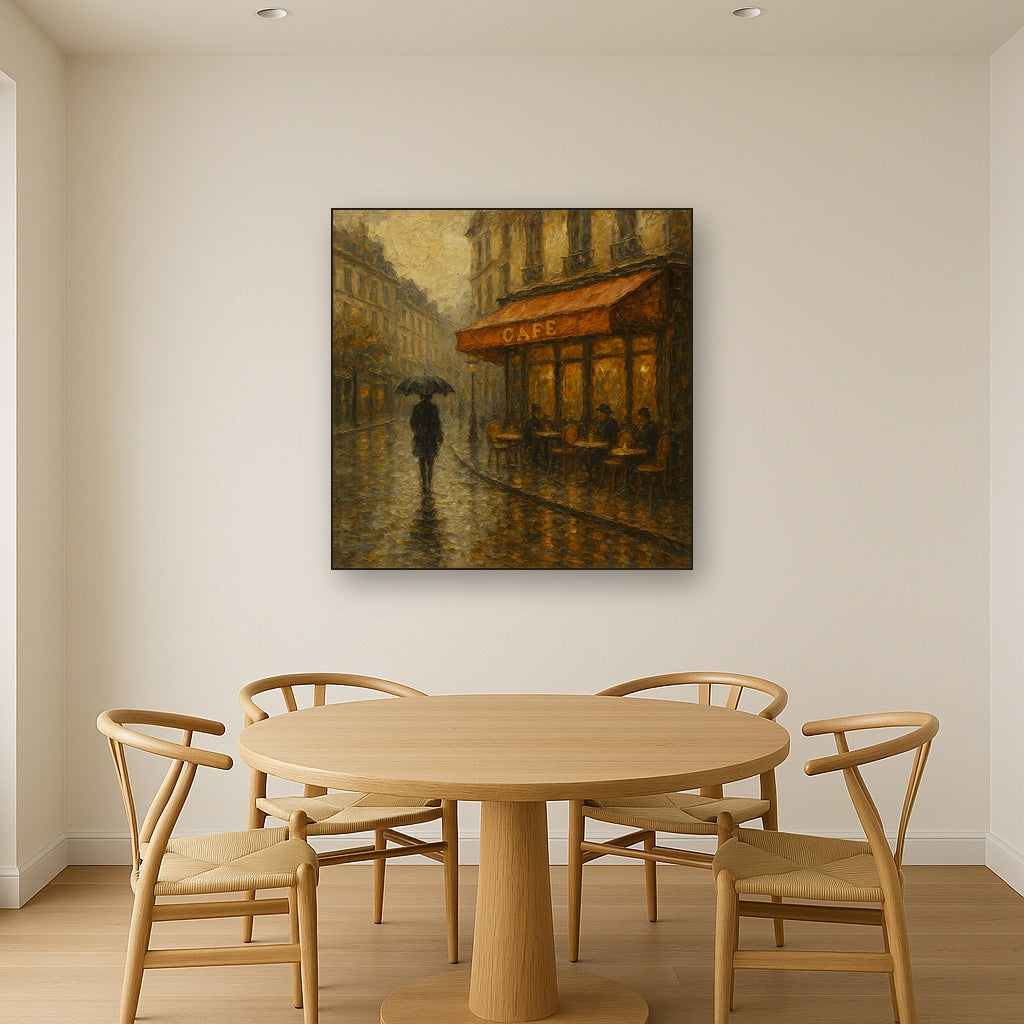Parisian Cafe Rain Reflections No. 2 Oil Painting - Styled in Elegant Dining Room
