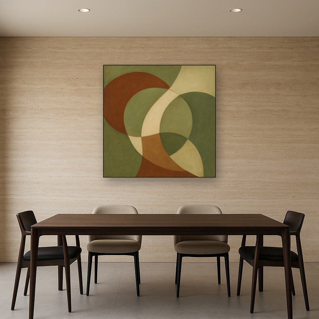 Intersecting Curved Forms in Olive & Rust No. 14 Oil Painting Staged Above Dining Room Credenza, Elegant Hand Painted Oil Art for Dining Room Walls