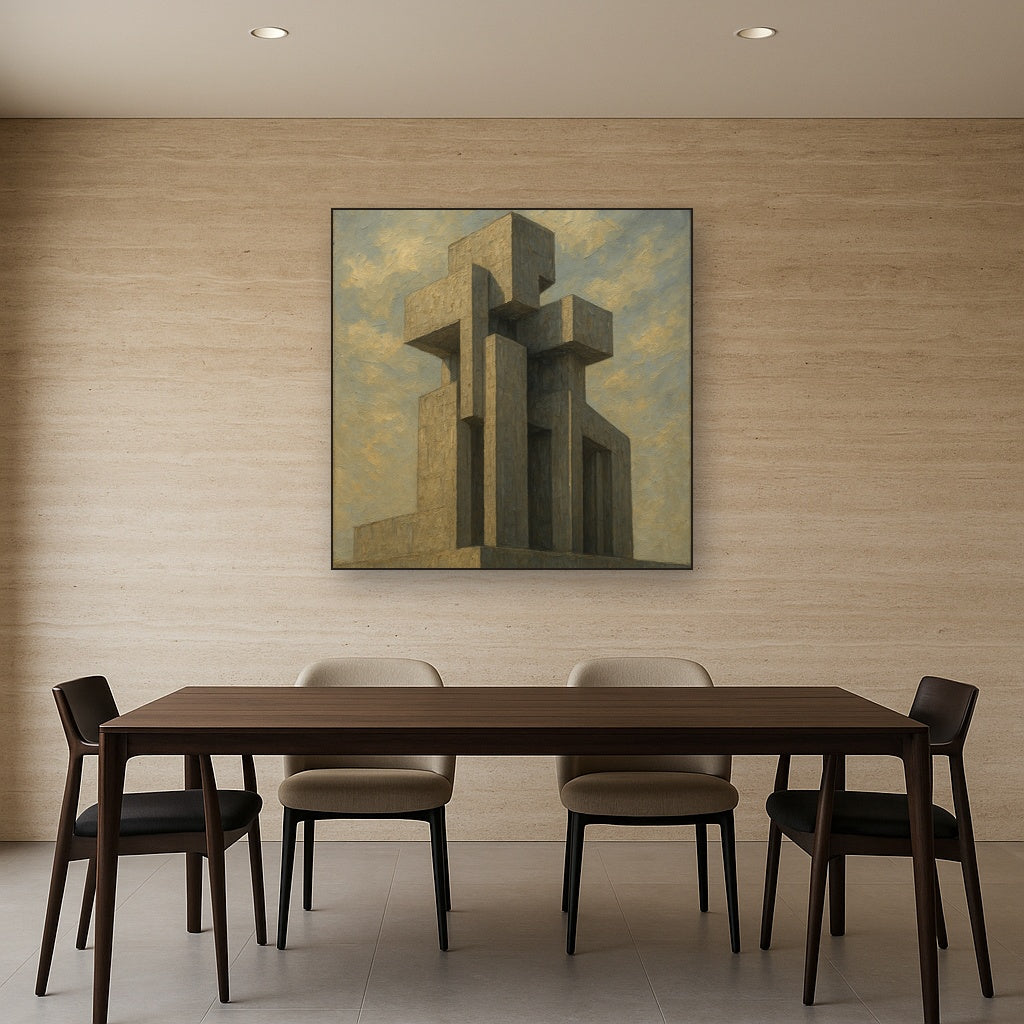 Brutalist Concrete Monolith & Sky No. 2 Oil Painting - Styled in Elegant Dining Room