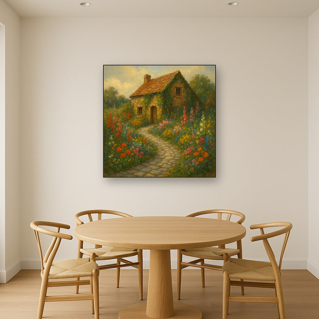 Rustic Stone Cottage Path with Wild Garden Blooms Fine Art Oil Painting - View 4