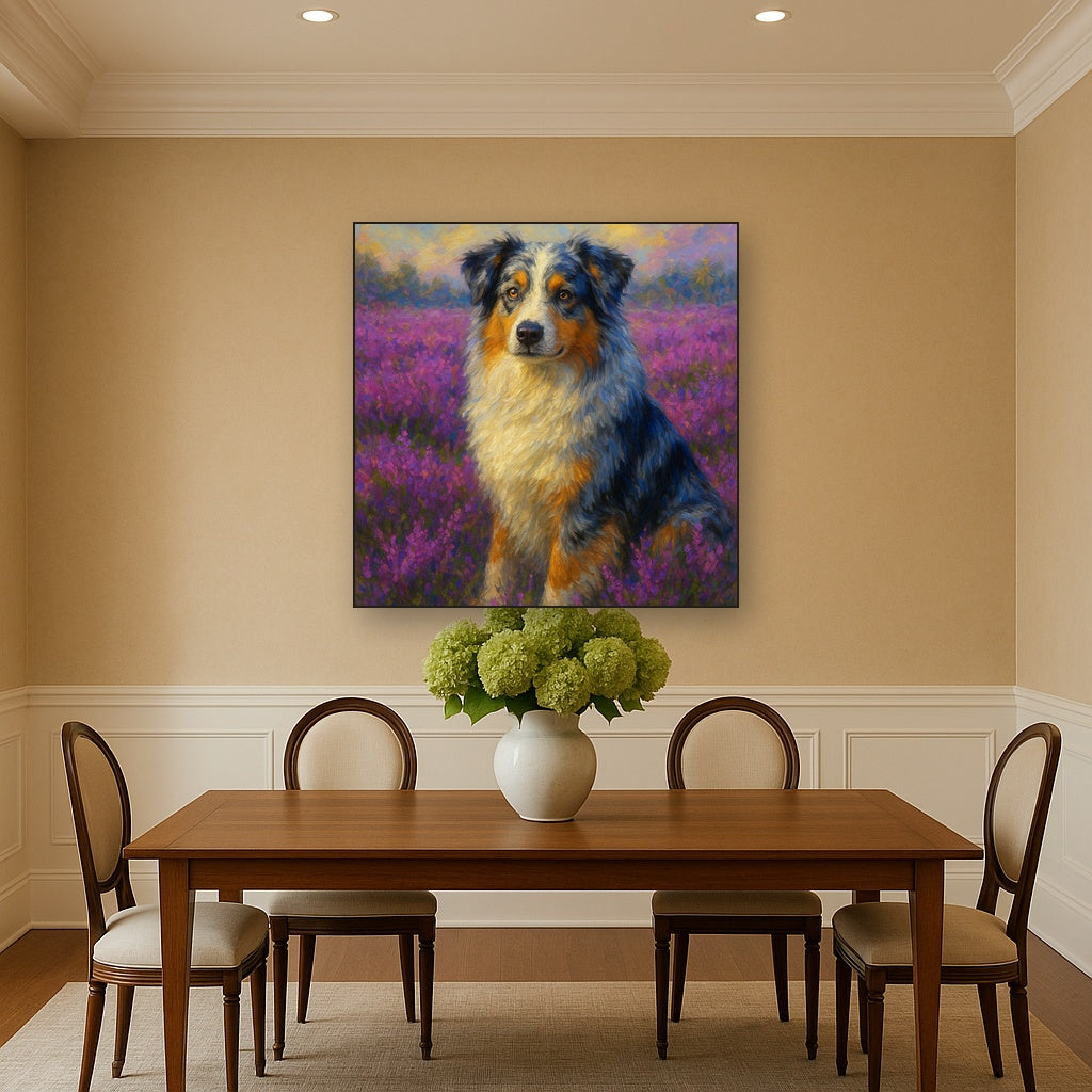 Australian Shepherd in Blooming Heather Field No. 7 Fine Art Oil Painting - View 4