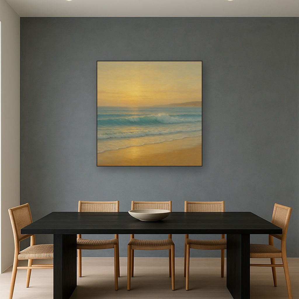 Gentle Breaking Waves & Wet Beach Reflection No. 3 Oil Painting Staged Above Dining Room Credenza, Elegant Hand Painted Oil Art for Dining Room Walls