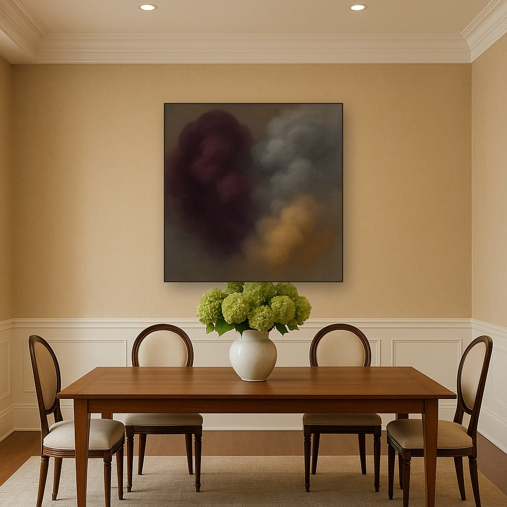 Gilded Plum & Soft Smoke Cloud Harmony No. 8 Oil Painting Staged Above Dining Room Credenza, Elegant Hand Painted Oil Art for Dining Room Walls