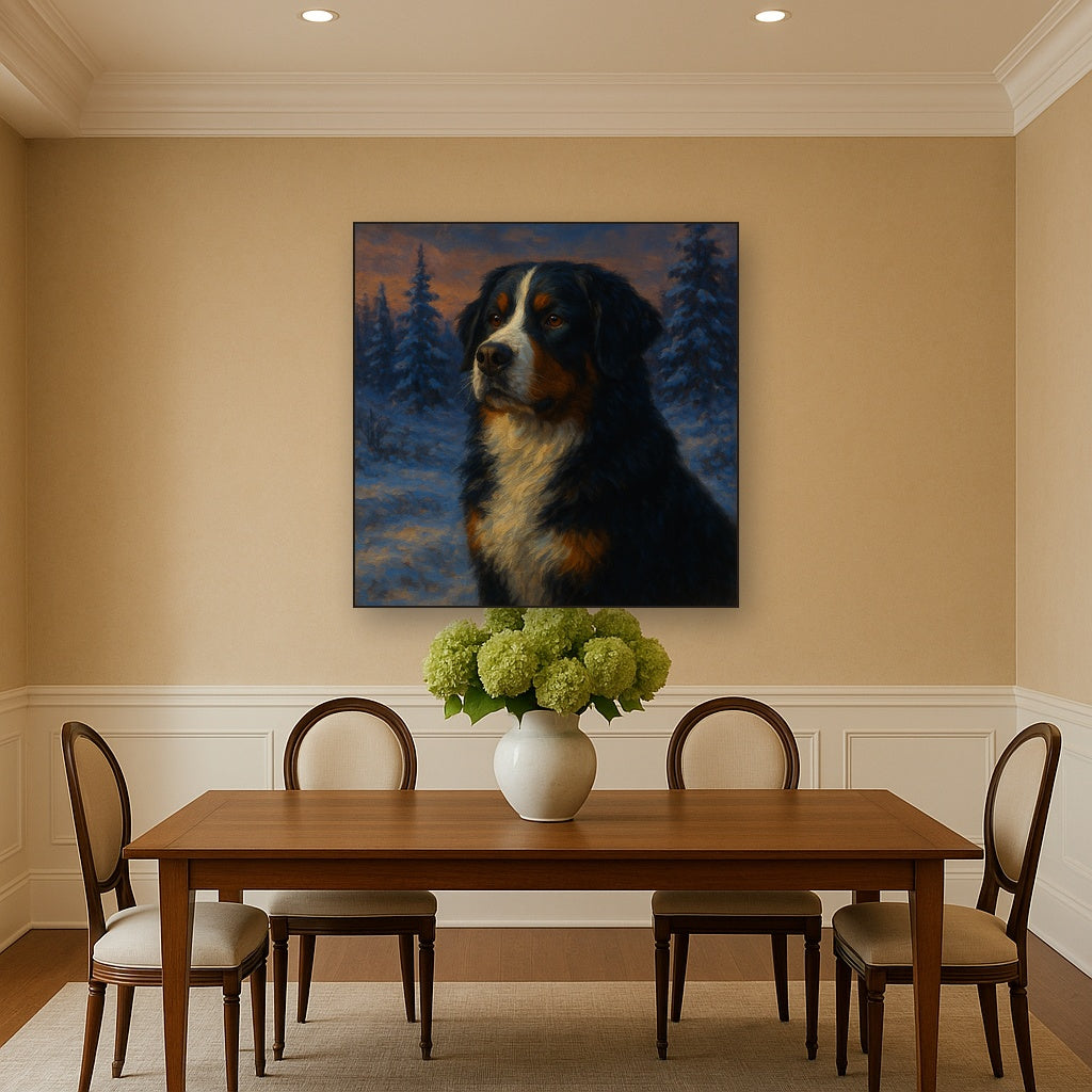 Bernese Mountain Dog in Winter Snowscape No. 10 Fine Art Oil Painting - View 4