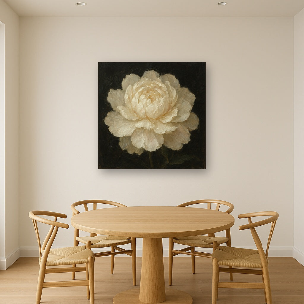 White Peony Blossom Botanical Oil Painting - Styled in Elegant Dining Room
