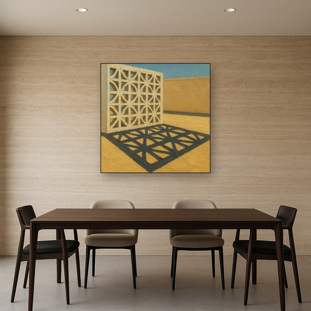 Desert Modern Breeze Block Shadow No. 4 Oil Painting - Styled in Elegant Dining Room