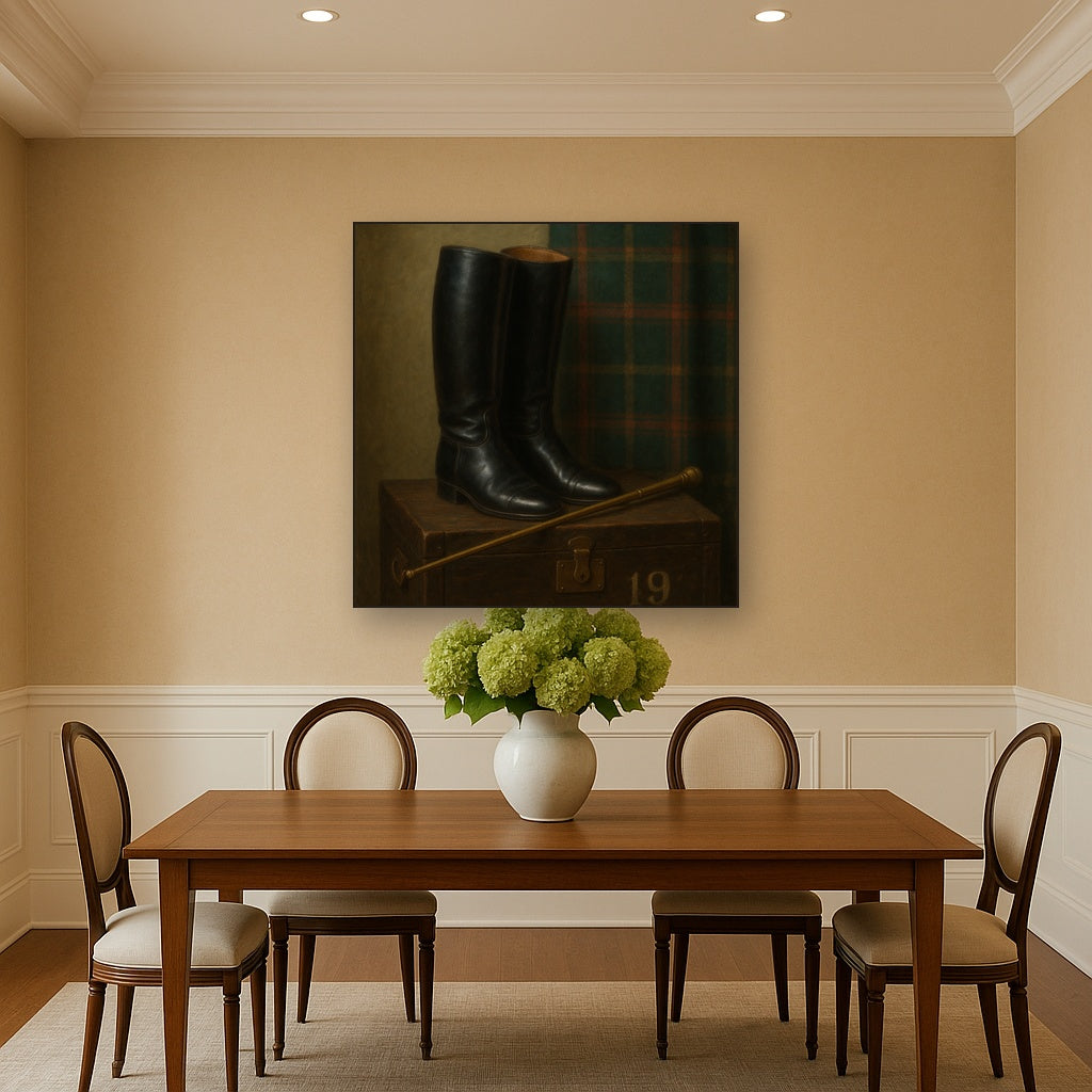 Vintage Riding Boots & Brass Crop on Trunk No. 19 Oil Painting - View 4