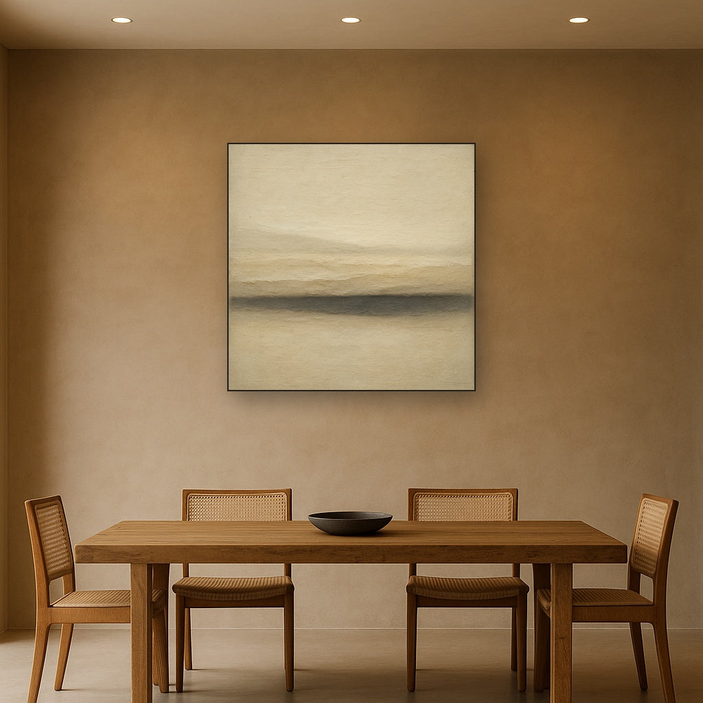 Raw Limestone Horizon & Washed Linen No. 23 Oil Painting Staged Above Dining Room Credenza, Elegant Hand Painted Oil Art for Dining Room Walls