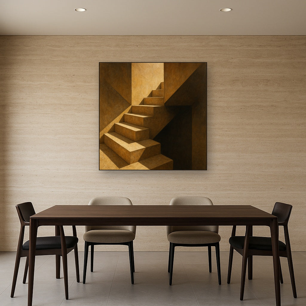 Travertine Staircase Shadow Architectural Oil Painting - Styled in Elegant Dining Room