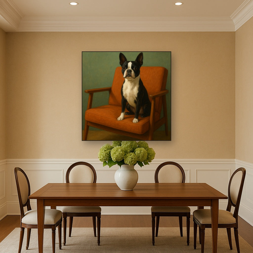 Boston Terrier in Warm Mid-Century Armchair No. 12 Fine Art Oil Painting - View 4