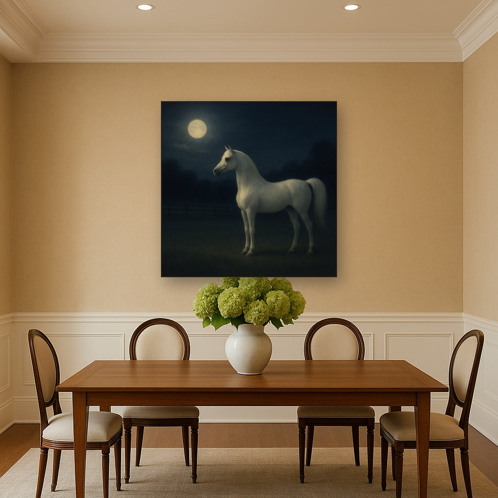 Moonlit Paddock with White Arabian Silhouette No. 8 Oil Painting - View 4