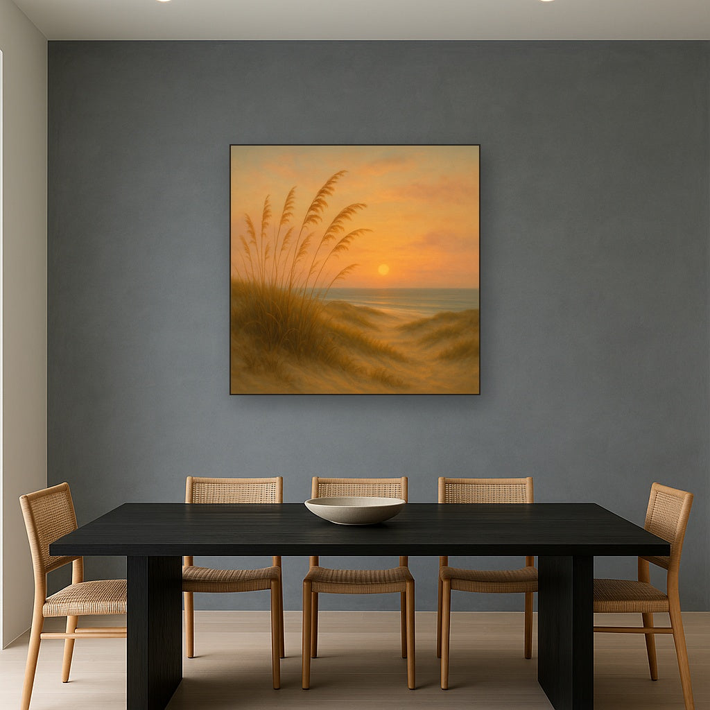 Sea Oats on Rolling Coastal Dunes at Sunset No. 11 Oil Painting Staged Above Dining Room Credenza, Elegant Hand Painted Oil Art for Dining Room Walls