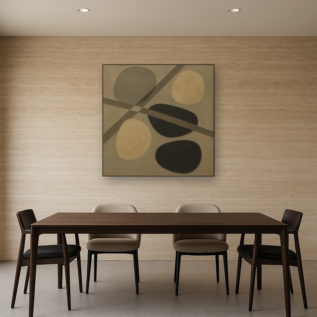 Organic Pebble Contours & Slanted Lines No. 25 Oil Painting Staged Above Dining Room Credenza, Elegant Hand Painted Oil Art for Dining Room Walls