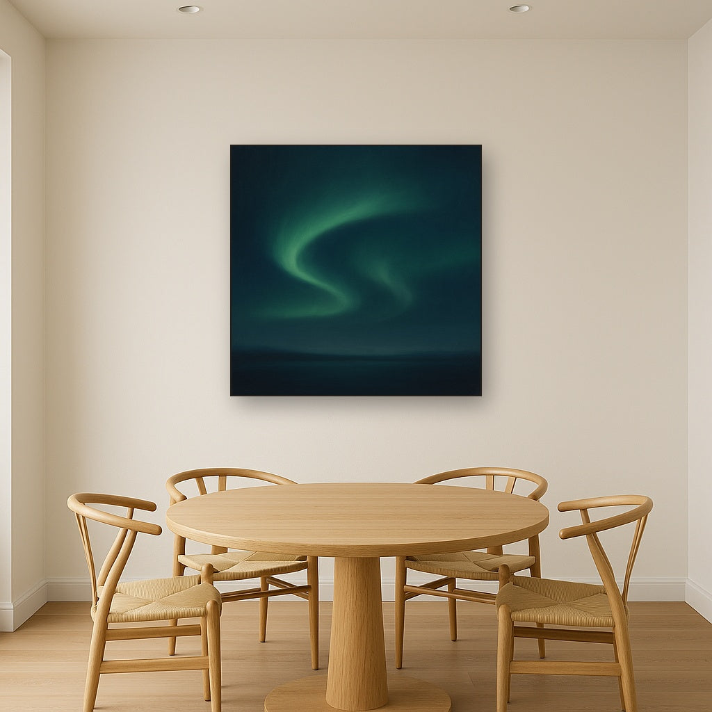 Aurora Borealis Veil in Deep Midnight Indigo No. 6 Oil Painting Staged Above Dining Room Credenza, Elegant Hand Painted Oil Art for Dining Room Walls