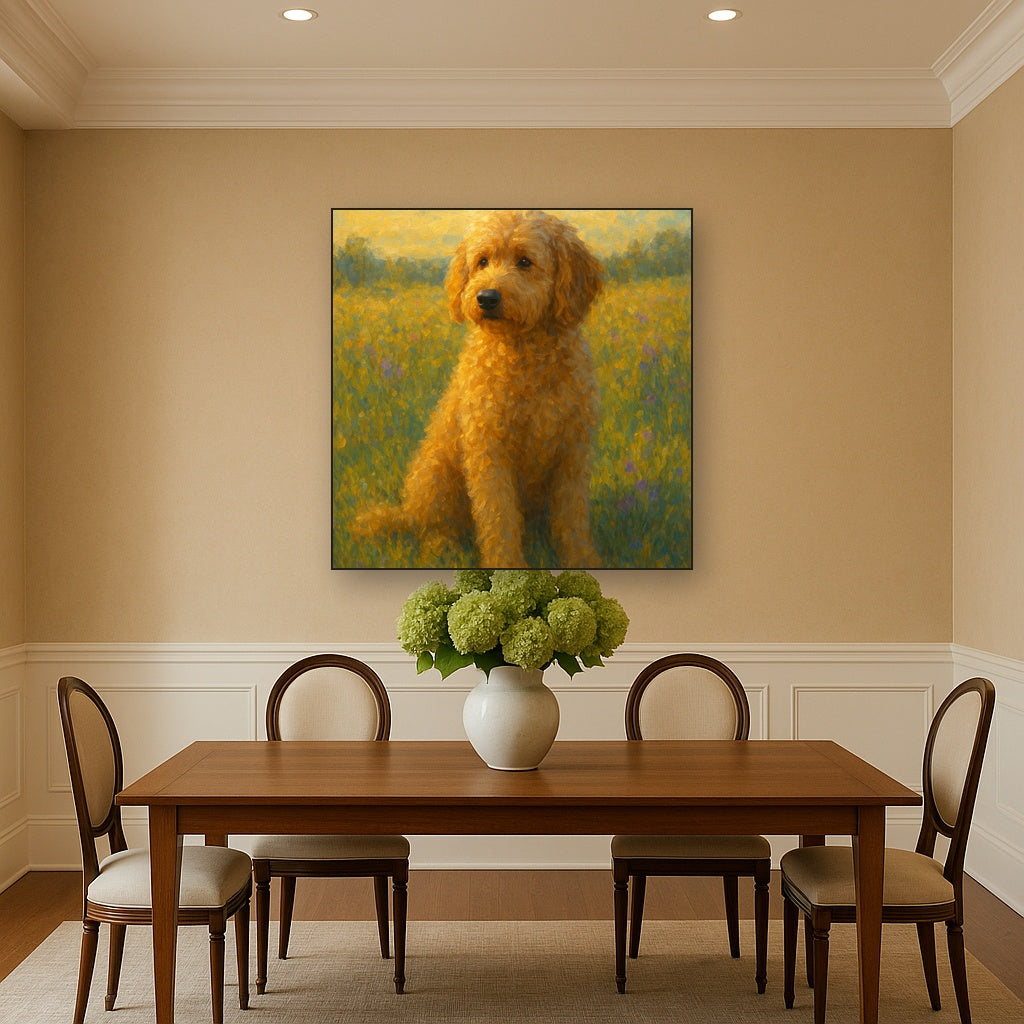 Fluffy Goldendoodle in Sun-Drenched Meadow No. 10 Fine Art Oil Painting - View 4