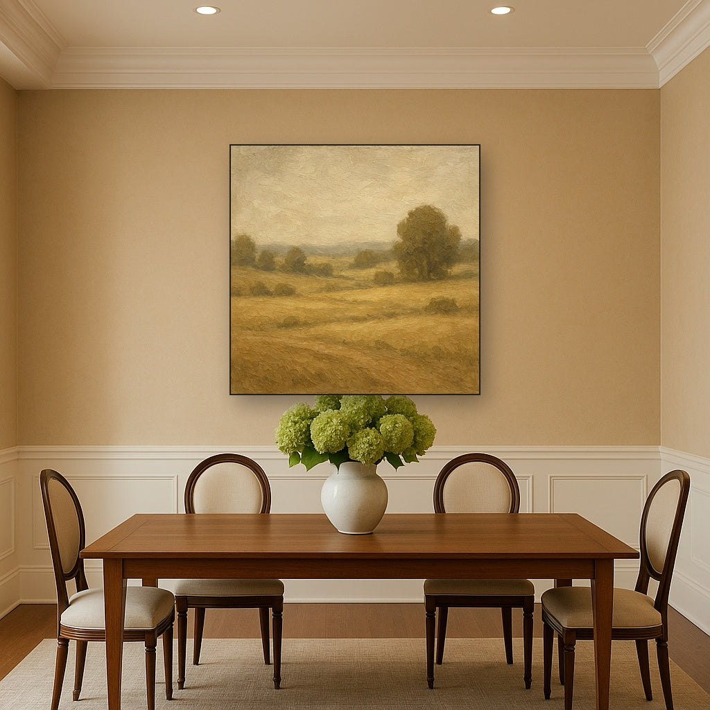 Earthy Linen Plaster Countryside Calm No. 3 Oil Painting - Styled in Elegant Dining Room