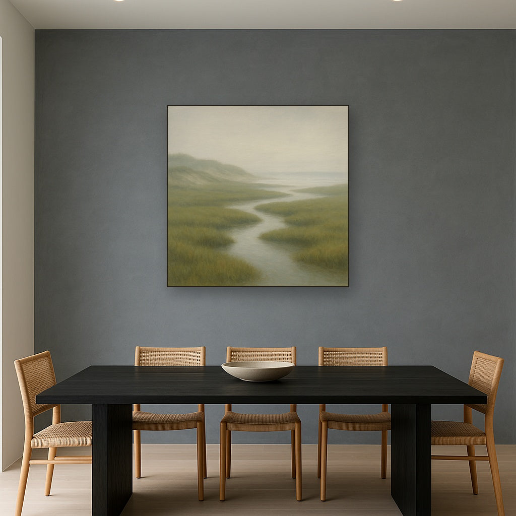 Morning Fog over Cape Cod Tidal Marsh No. 16 Oil Painting Staged Above Dining Room Credenza, Elegant Hand Painted Oil Art for Dining Room Walls