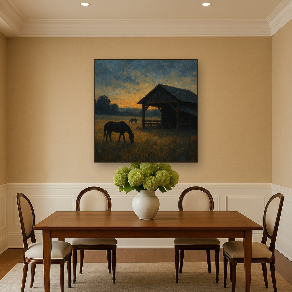 Rustic Equestrian Stable Silhouette No. 3 Oil Painting - Styled in Elegant Dining Room