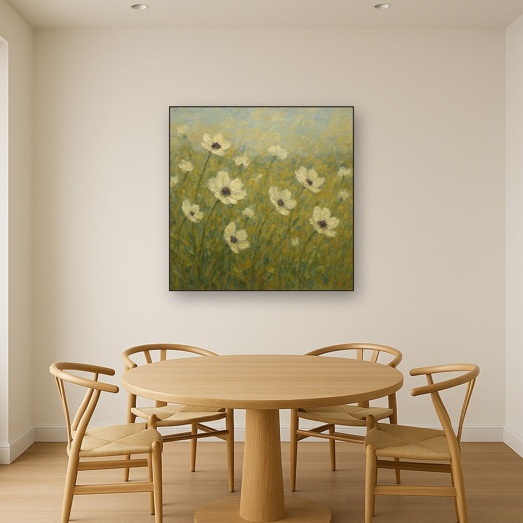 Wild Anemone Meadow Botanical Oil Painting - Styled in Elegant Dining Room