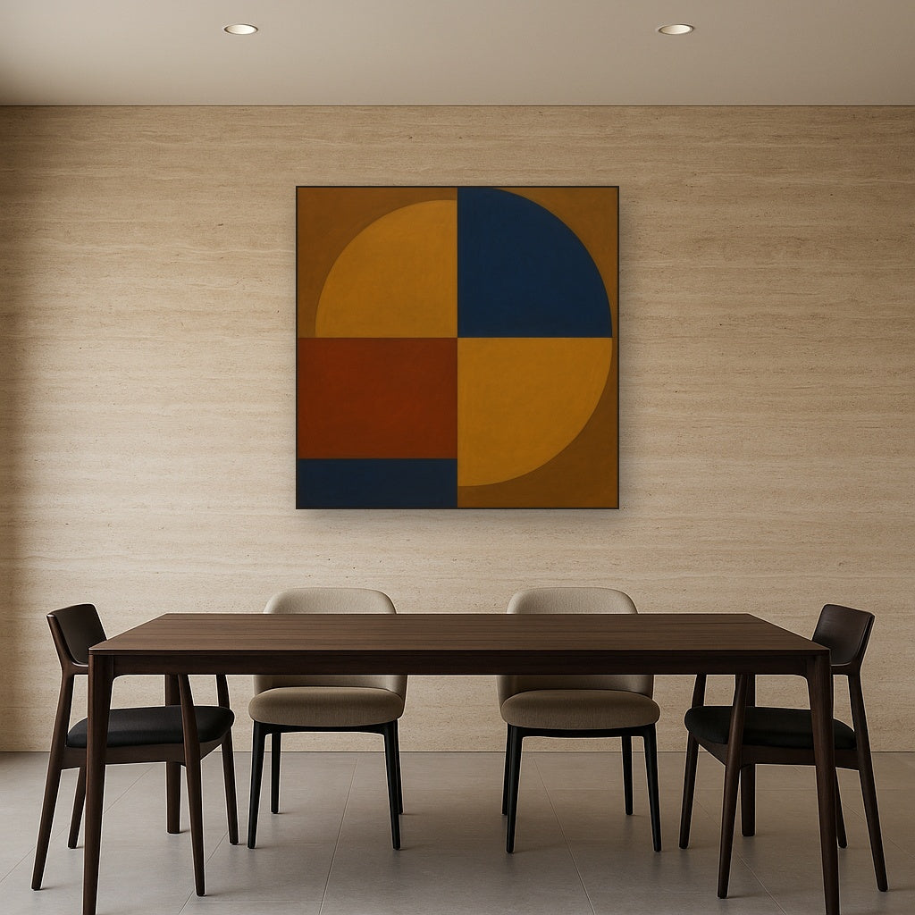 Bauhaus Quadrant Harmony in Primary Earth Tones No. 17 Oil Painting Staged Above Dining Room Credenza, Elegant Hand Painted Oil Art for Dining Room Walls