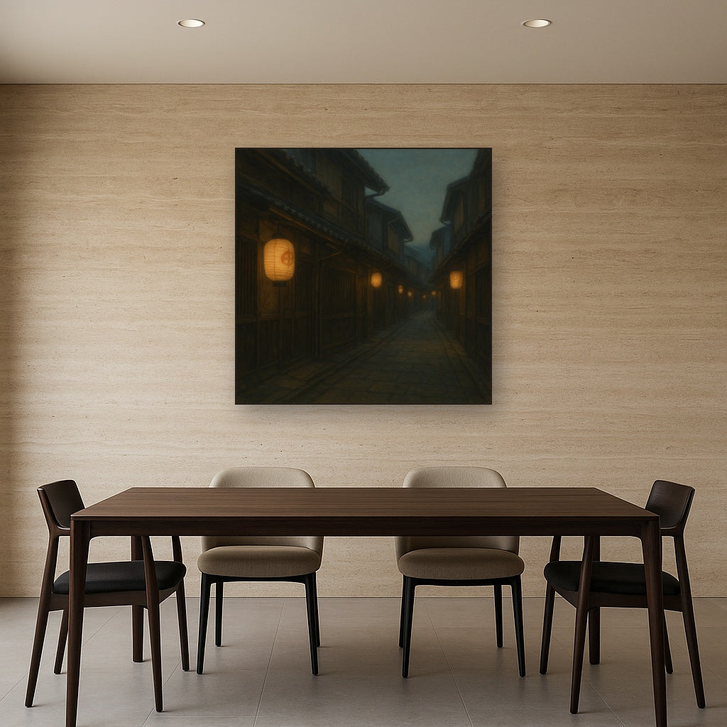 Old Kyoto Gion Alley in Soft Lantern Light No. 24 Oil Painting Staged Above Dining Room Credenza, Elegant Hand Painted Oil Art for Dining Room Walls