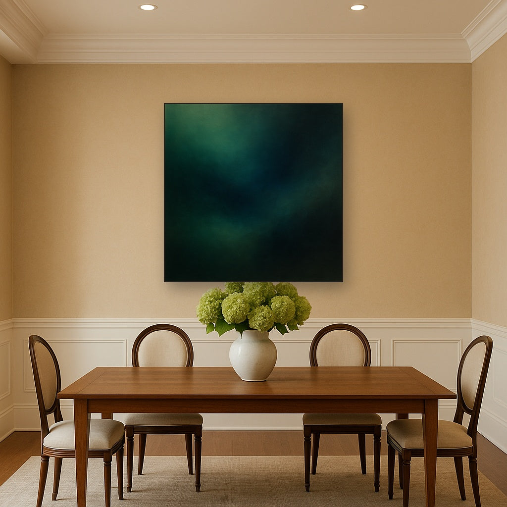 Emerald & Midnight Sapphire Sfumato Immersion No. 11 Oil Painting Staged Above Dining Room Credenza, Elegant Hand Painted Oil Art for Dining Room Walls