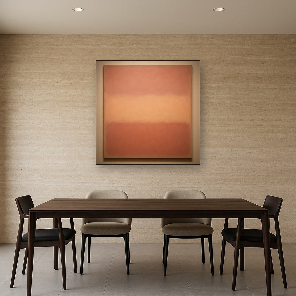 Blush Rose & Dusky Terracotta Ambient Glow No. 12 Oil Painting Staged Above Dining Room Credenza, Elegant Hand Painted Oil Art for Dining Room Walls