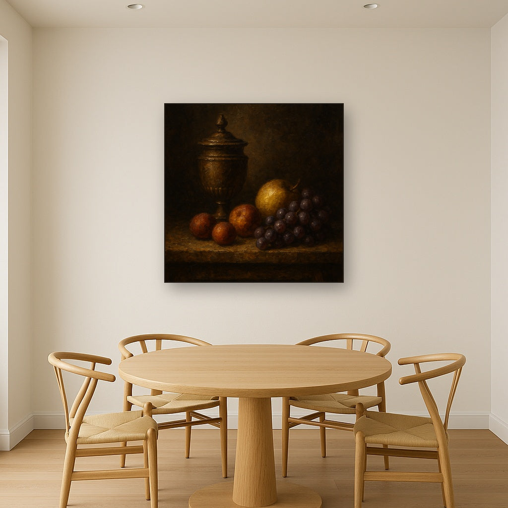 Classical Chiaroscuro Fruit & Urn Still Life No. 3 Oil Painting - Styled in Elegant Dining Room