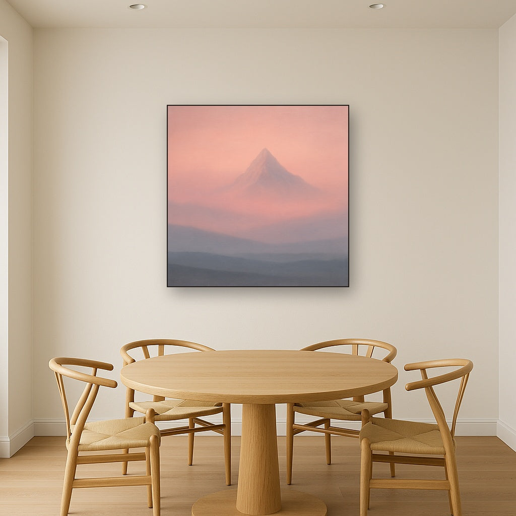 Pale Alpenglow over Distant Glacial Peak No. 25 Oil Painting Staged Above Dining Room Credenza, Elegant Hand Painted Oil Art for Dining Room Walls