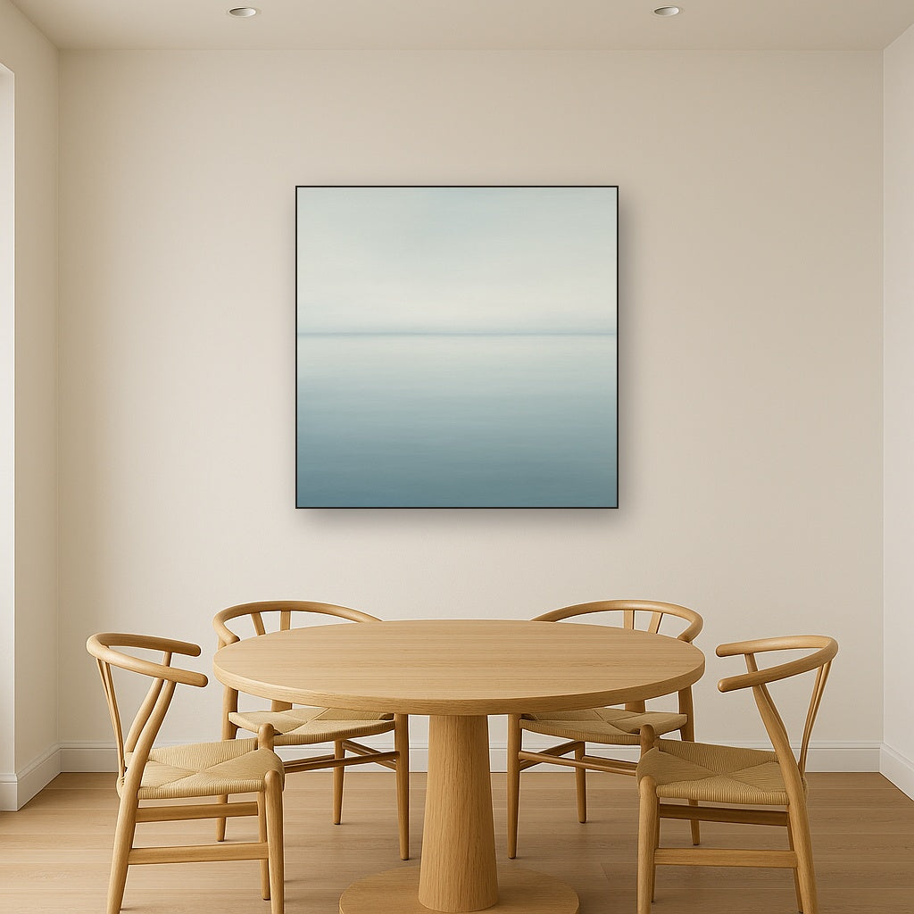 Glass Horizon over Quiet Arctic Waters No. 23 Oil Painting Staged Above Dining Room Credenza, Elegant Hand Painted Oil Art for Dining Room Walls