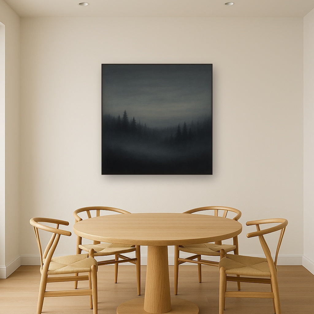 Dusk over Silent Pine Ridgeline in Charcoal Fog No. 7 Oil Painting Staged Above Dining Room Credenza, Elegant Hand Painted Oil Art for Dining Room Walls