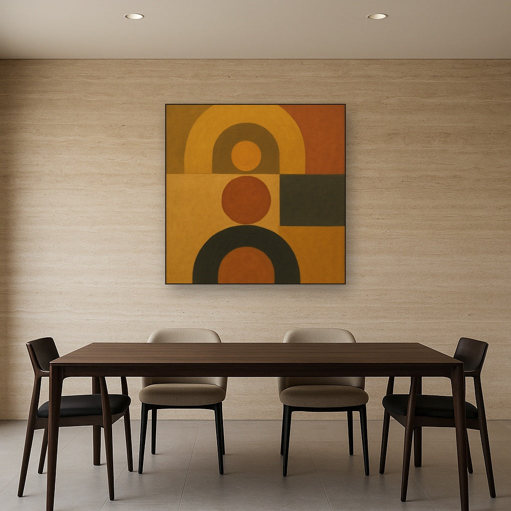 Arch & Circle Equilibrium in Warm Earth Tones No. 18 Oil Painting Staged Above Dining Room Credenza, Elegant Hand Painted Oil Art for Dining Room Walls