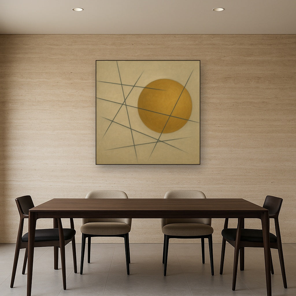 Abstract Tangent Lines & Earthy Ochre Disc Oil Painting Staged Above Dining Room Credenza, Elegant Hand Painted Oil Art for Dining Room Walls