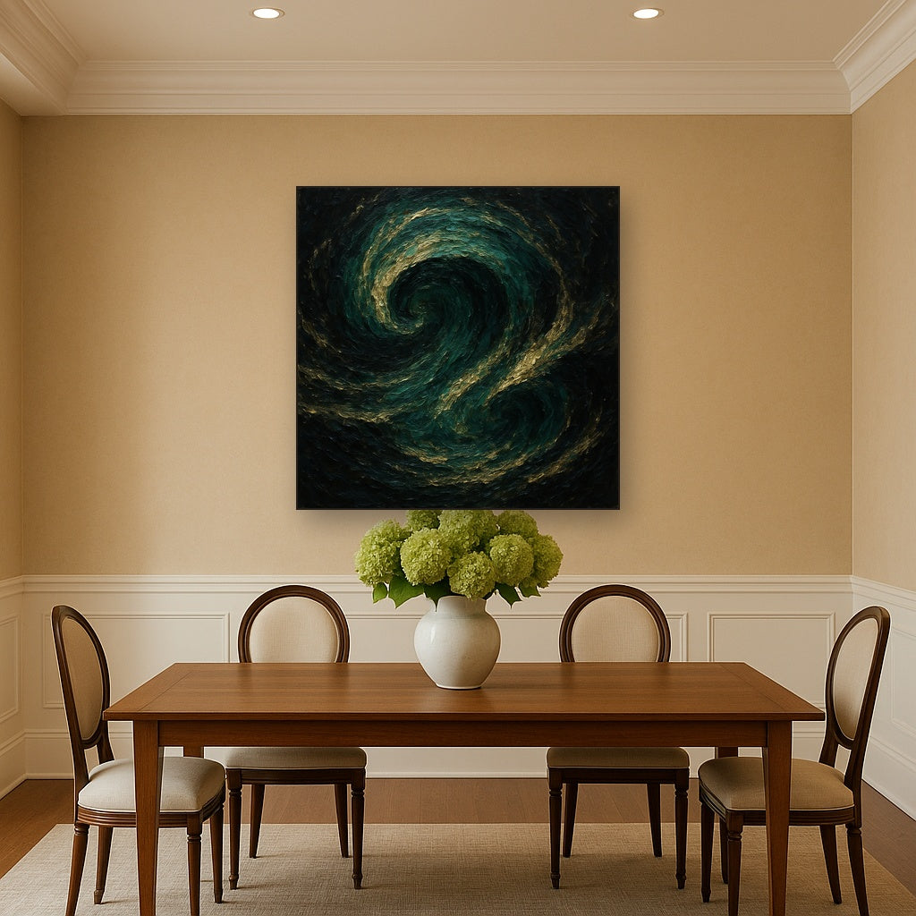 Deep Emerald & Obsidian Swell No. 2 Oil Painting - Styled in Elegant Dining Room