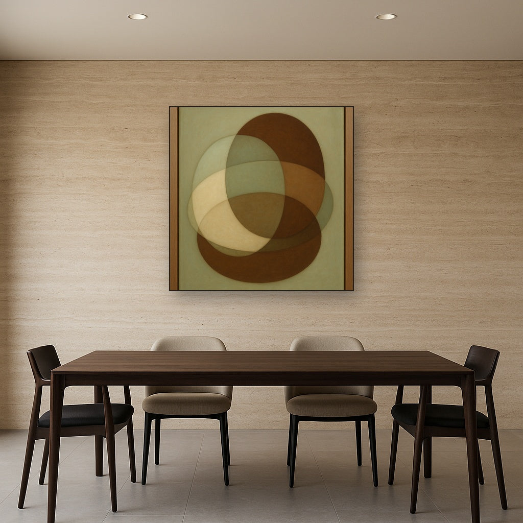 Floating Ellipse Harmony in Walnut & Pale Sage No. 19 Oil Painting Staged Above Dining Room Credenza, Elegant Hand Painted Oil Art for Dining Room Walls