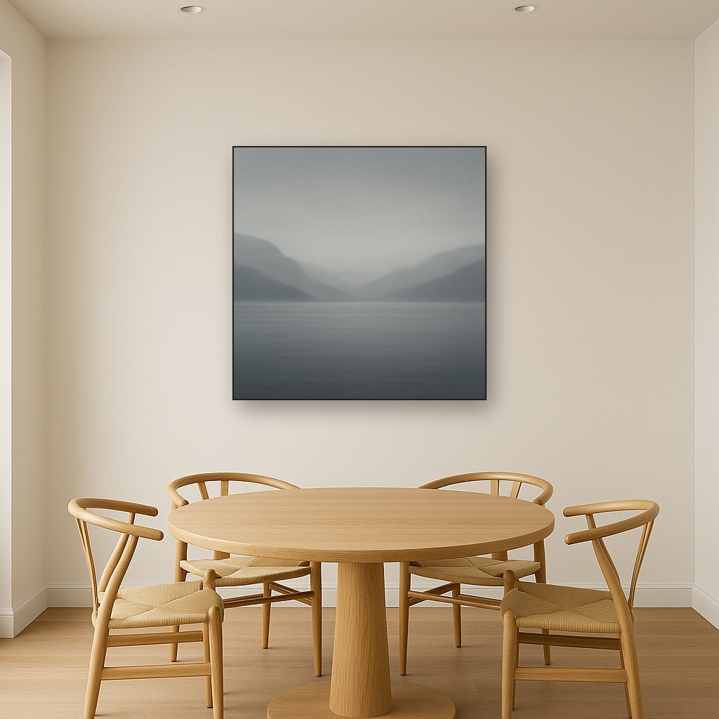 Misty Fjord Horizon in Monochromatic Slate No. 18 Oil Painting Staged Above Dining Room Credenza, Elegant Hand Painted Oil Art for Dining Room Walls