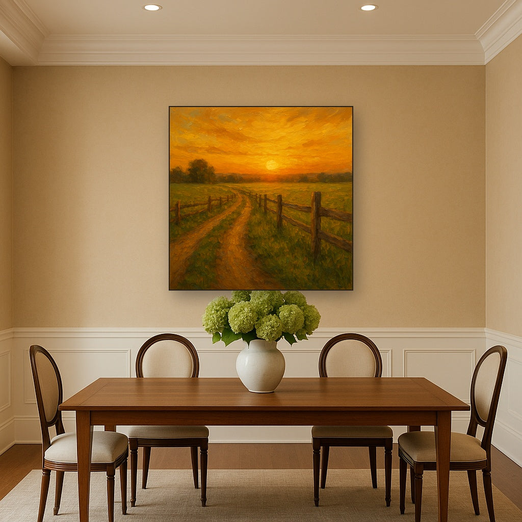 Golden Hour Country Lane & Fence No. 3 Oil Painting - Styled in Elegant Dining Room