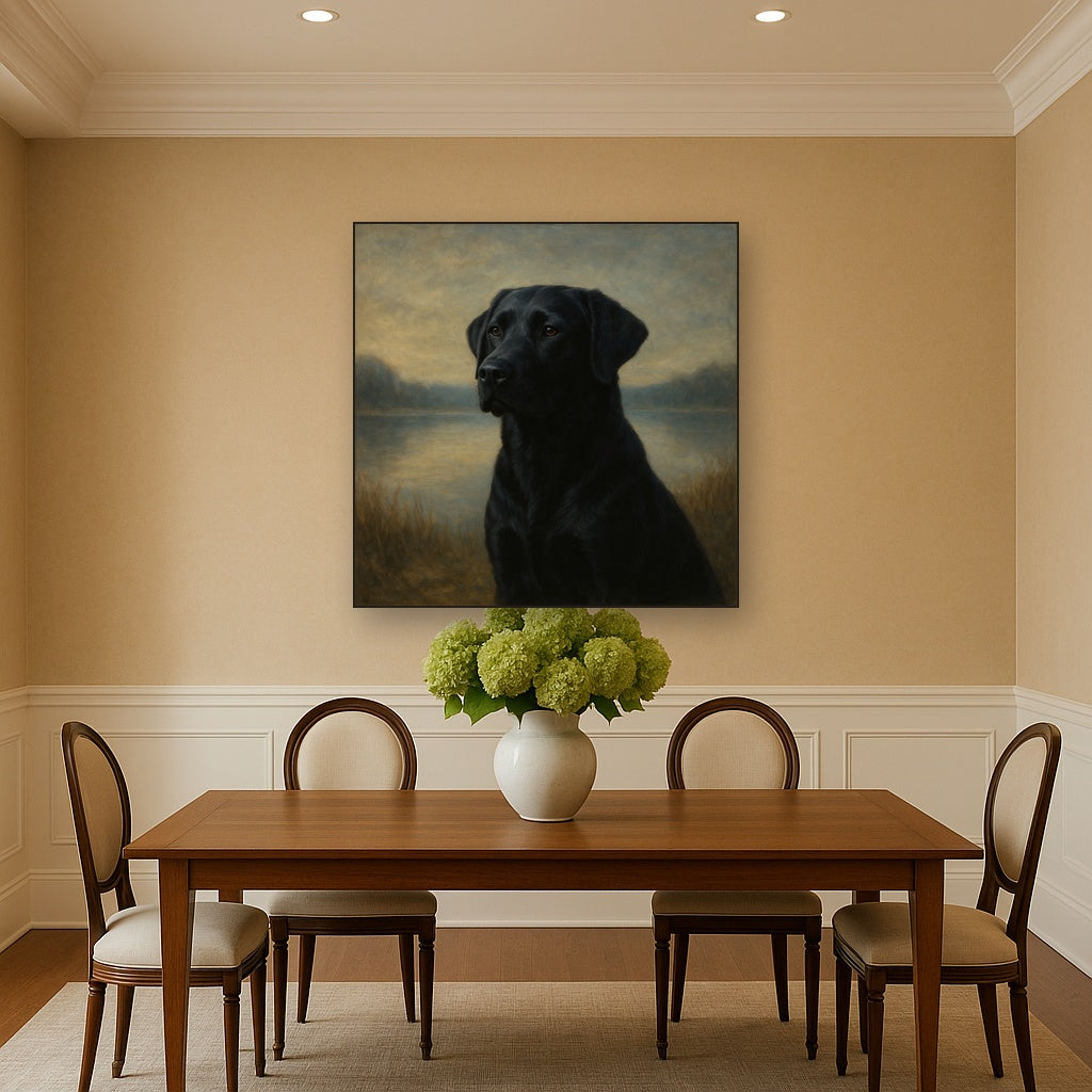 Black Labrador Retriever by Misty Lake Horizon No. 3 Fine Art Oil Painting - View 4