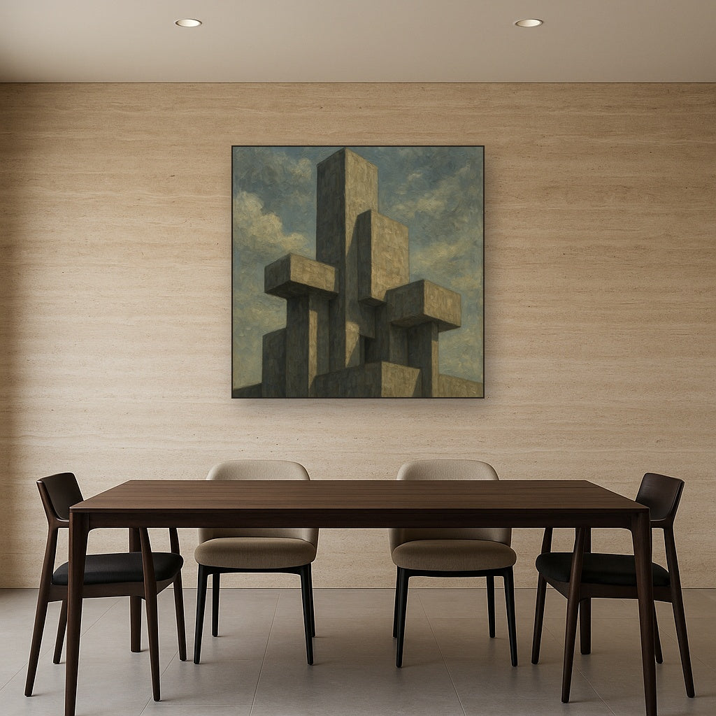 Brutalist Concrete Monolith & Sky No. 8 Oil Painting - Styled in Elegant Dining Room
