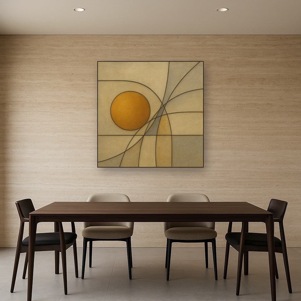 Abstract Tangent Lines & Earthy Ochre Disc No. 19 Oil Painting - View 4