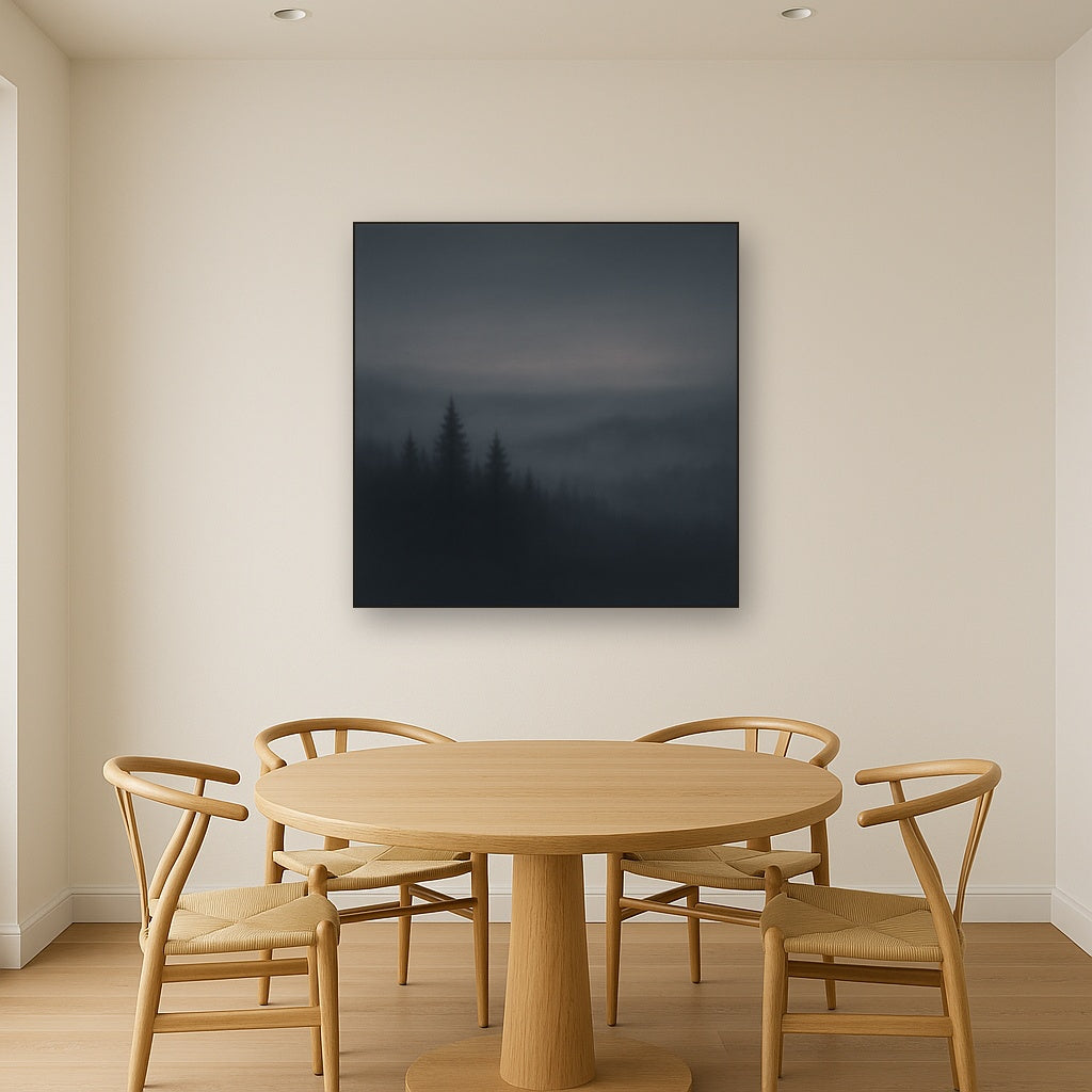 Dusk over Silent Pine Ridgeline in Charcoal Fog No. 18 Oil Painting Staged Above Dining Room Credenza, Elegant Hand Painted Oil Art for Dining Room Walls