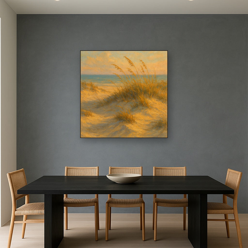 Windswept Coastal Dunes Seascape Oil Painting - Styled in Elegant Dining Room
