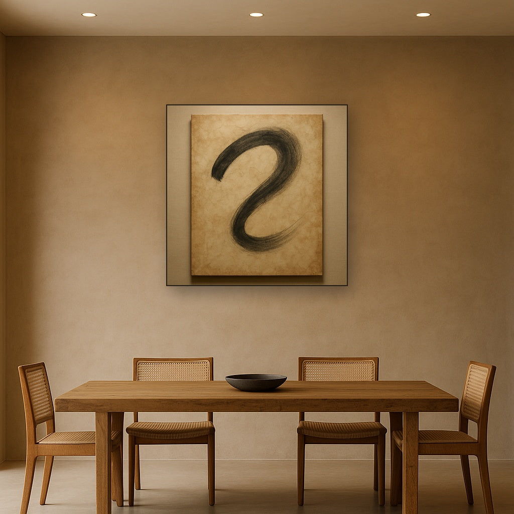 Aged Rice Paper & Charcoal Calligraphic Balance No. 19 Oil Painting Staged Above Dining Room Credenza, Elegant Hand Painted Oil Art for Dining Room Walls