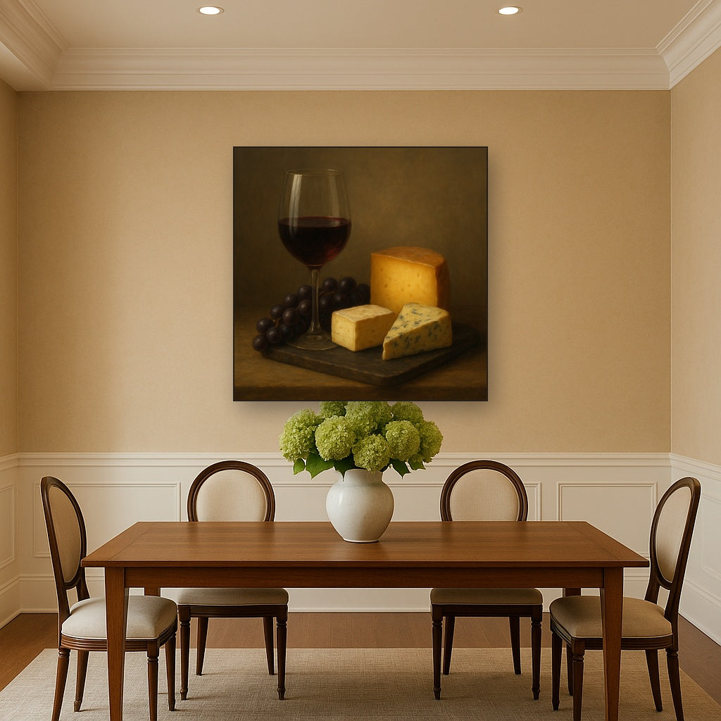 Burgundy Wine Glass & Aged Cheese Board No. 4 Oil Painting - View 4