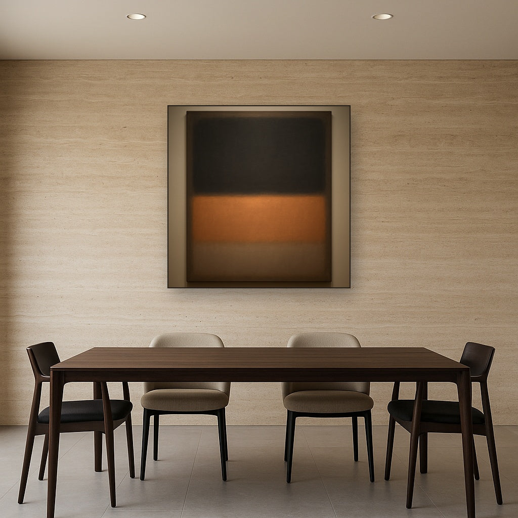 Charcoal Slate & Burnished Copper Horizon No. 21 Oil Painting Staged Above Dining Room Credenza, Elegant Hand Painted Oil Art for Dining Room Walls