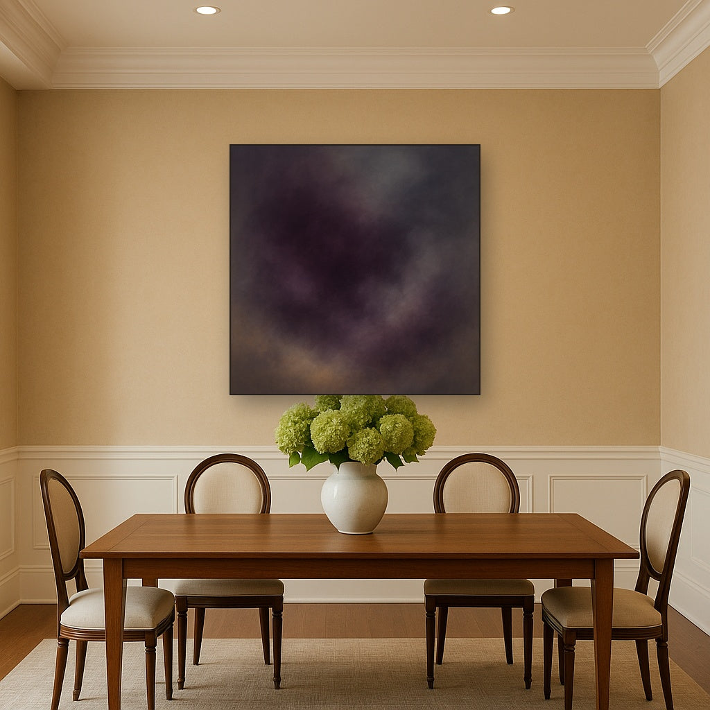 Gilded Plum & Soft Smoke Cloud Harmony No. 18 Oil Painting Staged Above Dining Room Credenza, Elegant Hand Painted Oil Art for Dining Room Walls