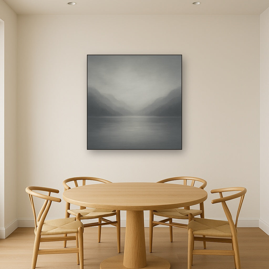 Misty Fjord Horizon in Monochromatic Slate No. 23 Oil Painting Staged Above Dining Room Credenza, Elegant Hand Painted Oil Art for Dining Room Walls