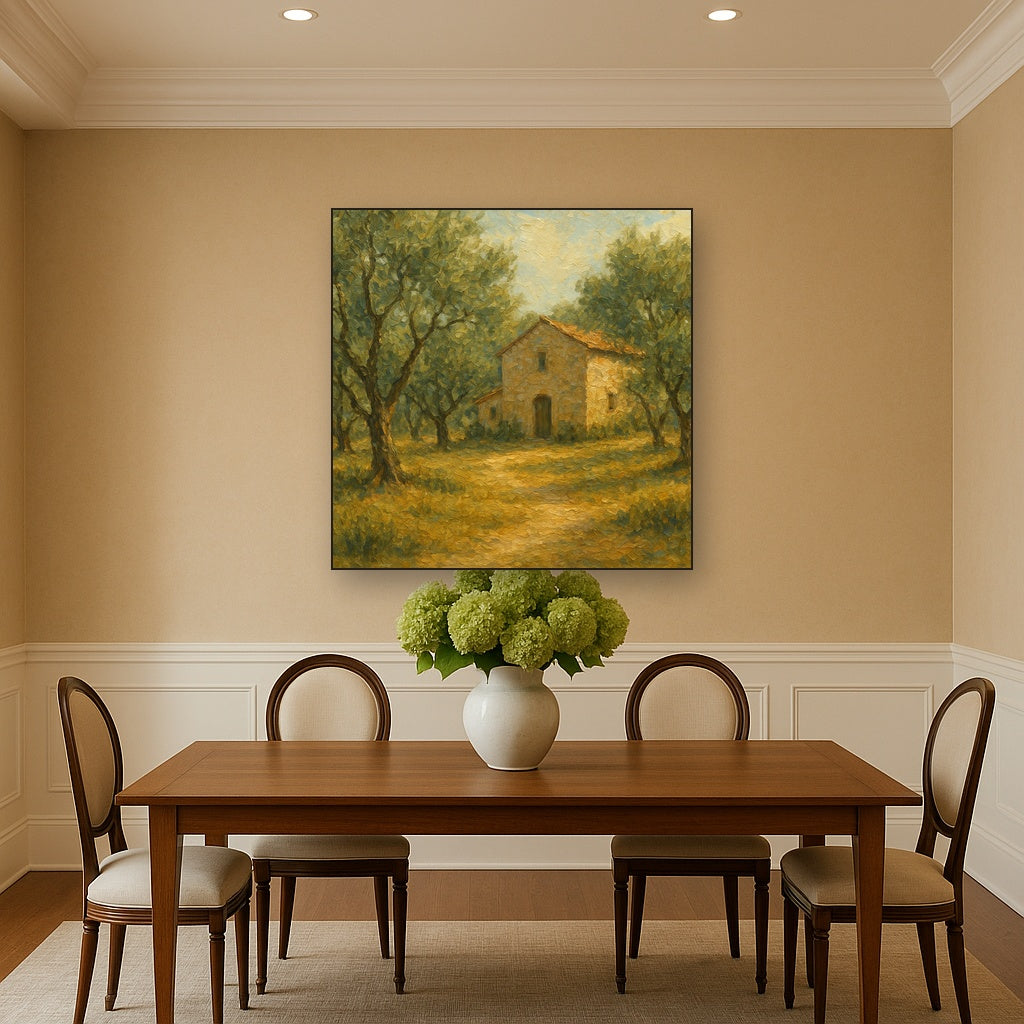 Vintage Olive Grove & Stone Farmhouse No. 4 Oil Painting - Styled in Elegant Dining Room